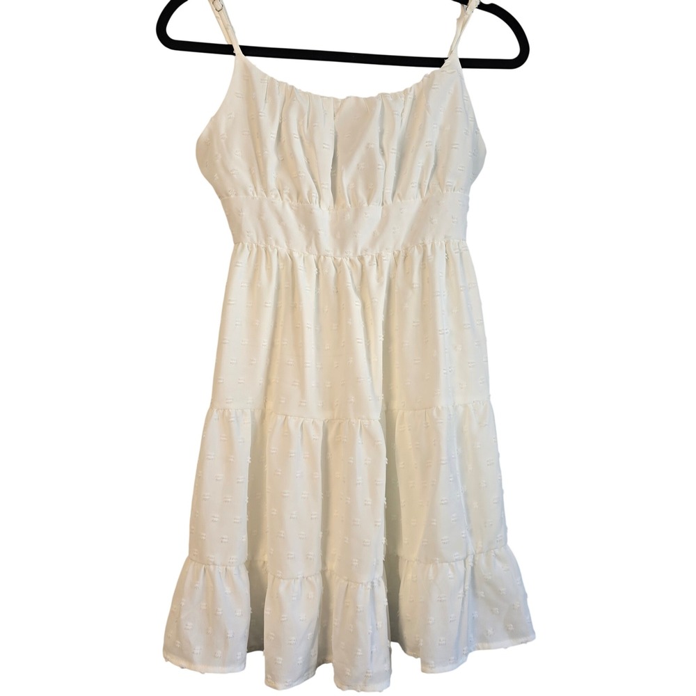 😀 SHEIN White Swiss Dot Tiered Mini Dress Smocked‎ Back Small 4 Summer Wedding